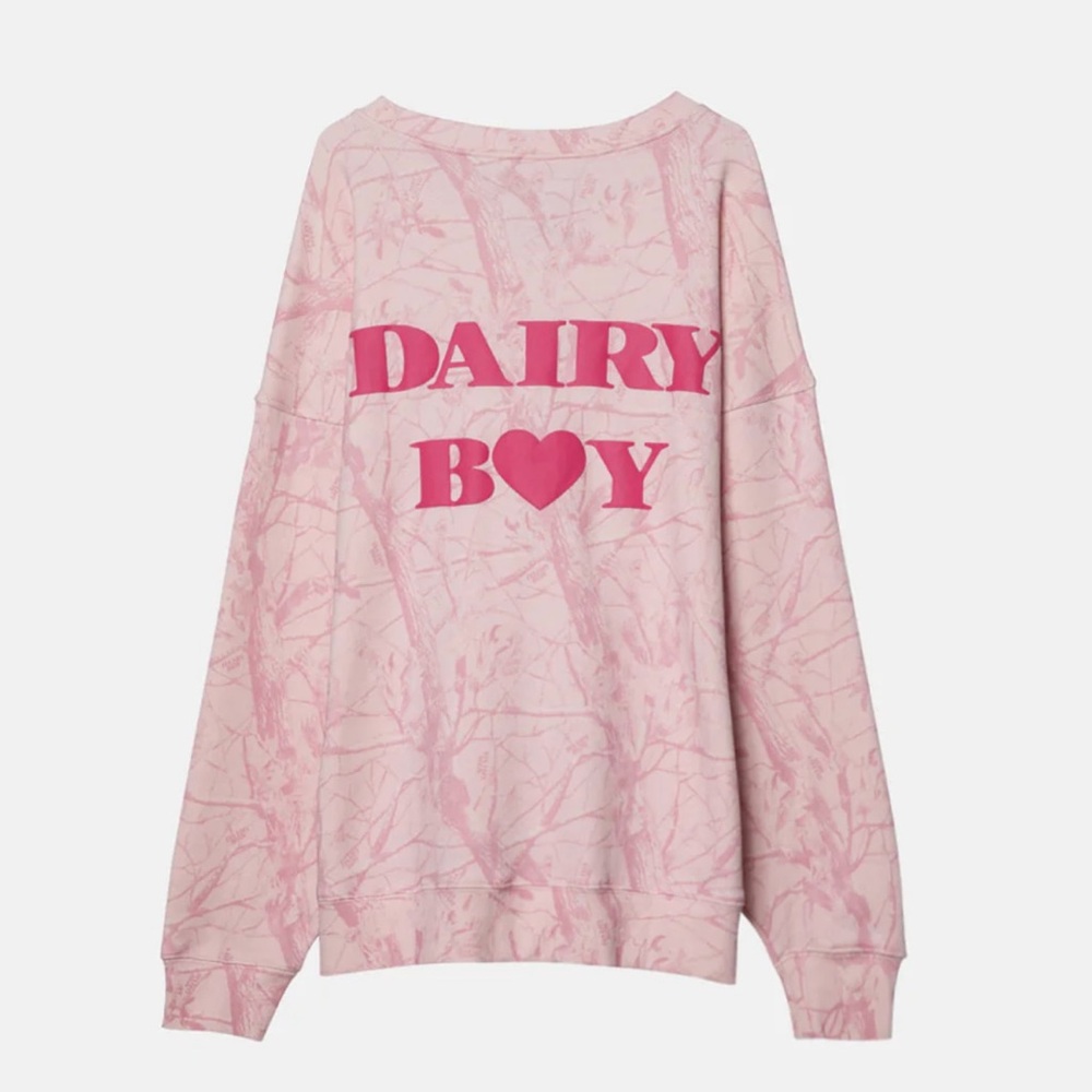 Dairy Boy Bubblegum Pink Camo Crewneck Sweatshirt with pink puff size Small NEW